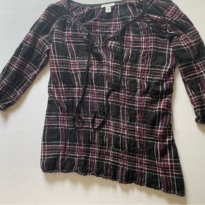 Charter Club Black & Plum Plaid Peasant Blouse